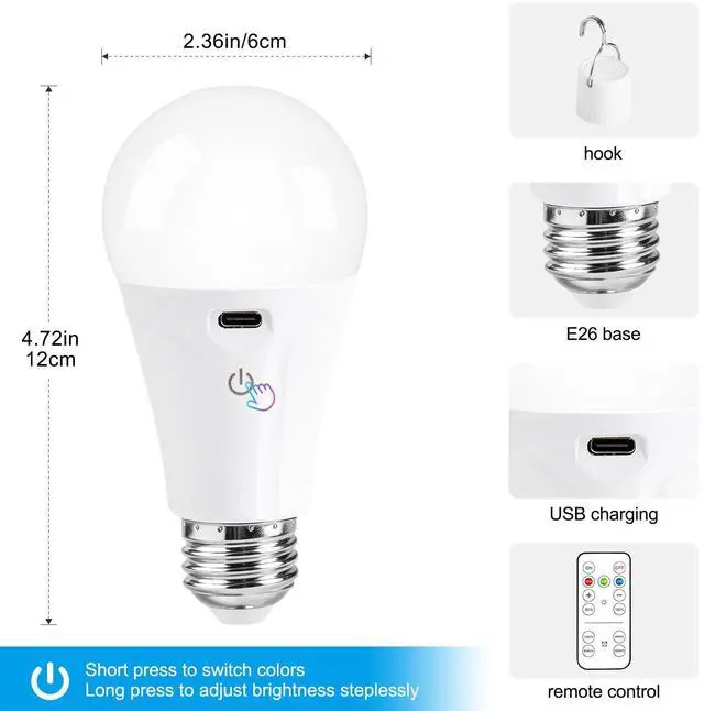 Alt view image 9 of 14 - Rechargeable Light Bulbs with Remote and USB Charging, 3 Colors Dimmable Battery Operated Light Bulb with 4 Timer, A19 Wireless Light Bulbs for Wall Sconce, Not-Hardwired, 2 Pack