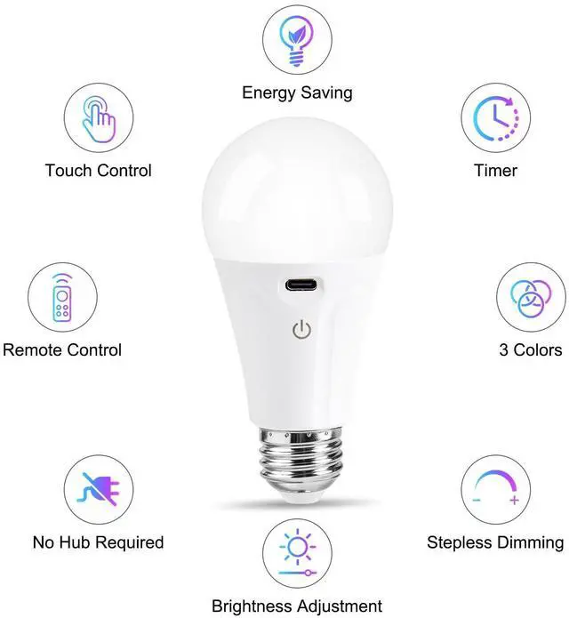 Alt view image 10 of 14 - Rechargeable Light Bulbs with Remote and USB Charging, 3 Colors Dimmable Battery Operated Light Bulb with 4 Timer, A19 Wireless Light Bulbs for Wall Sconce, Not-Hardwired, 2 Pack