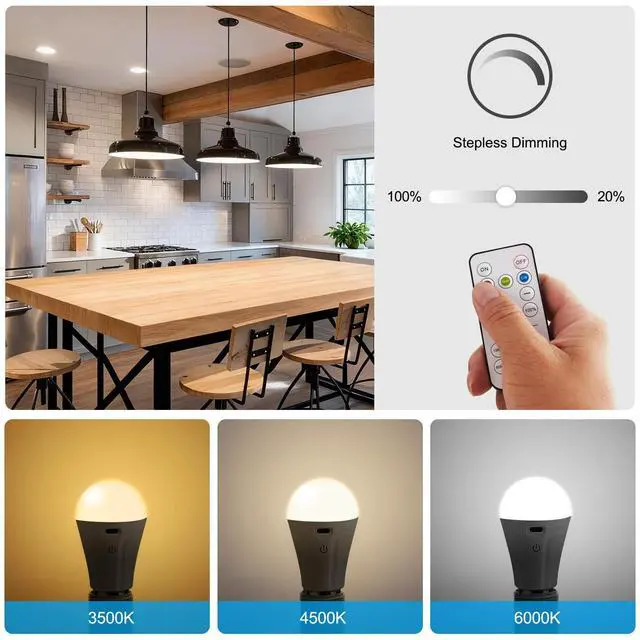 Alt view image 12 of 14 - Rechargeable Light Bulbs with Remote and USB Charging, 3 Colors Dimmable Battery Operated Light Bulb with 4 Timer, A19 Wireless Light Bulbs for Wall Sconce, Not-Hardwired, 2 Pack