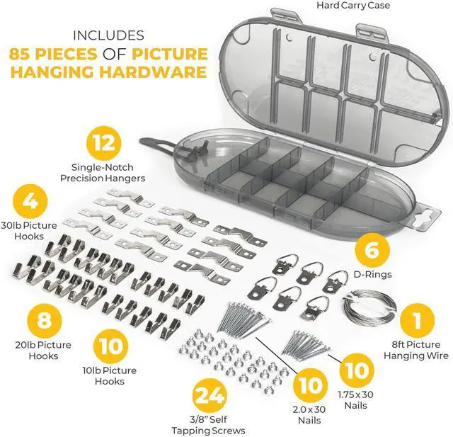 Alt view image 13 of 14 - Original ® Pro All-in-One Picture Hanging Kit, Level & Hardware | Zero Measuring Required, 85-Piece Hardware Kit, Works with Sawtooth Wire & D-Ring Hangers, Removable Level, Non-Slip Feet