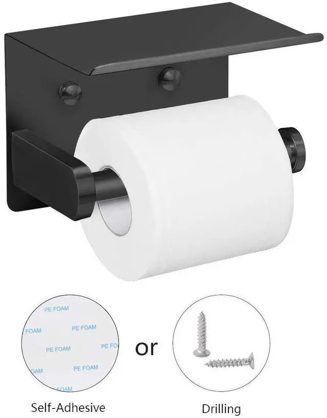 Alt view image 9 of 14 - Self Adhesive Toilet Paper Holder with Phone Shelf Stainless Steel Wall Mounted Toilet Paper Roll Holder - Rustproof and Bathroom Washroom Tissue Roll Holder with Shelf - Black