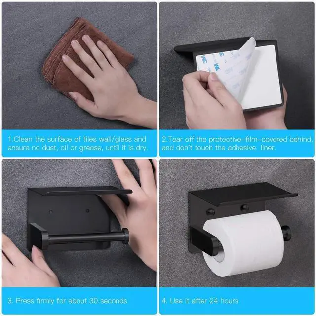 Alt view image 12 of 14 - Self Adhesive Toilet Paper Holder with Phone Shelf Stainless Steel Wall Mounted Toilet Paper Roll Holder - Rustproof and Bathroom Washroom Tissue Roll Holder with Shelf - Black