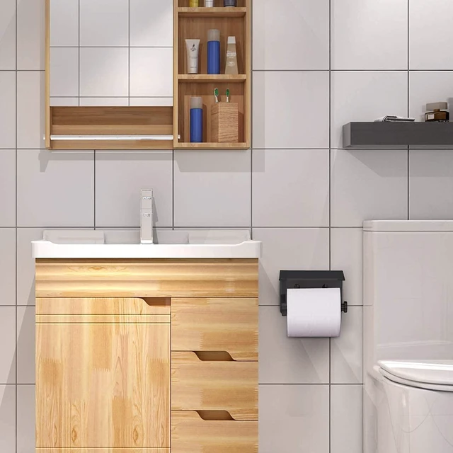 Alt view image 13 of 14 - Self Adhesive Toilet Paper Holder with Phone Shelf Stainless Steel Wall Mounted Toilet Paper Roll Holder - Rustproof and Bathroom Washroom Tissue Roll Holder with Shelf - Black