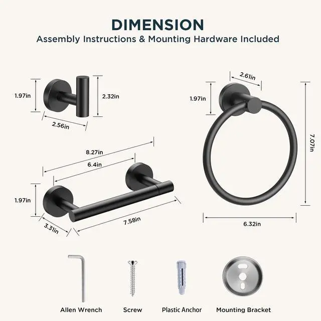 Alt view image 14 of 14 - Bathroom Accessories Set, 4-Piece Bathroom Hardware Set | Matte Black | SUS304 Stainless Steel Towel Ring, 2 Towel Hooks, and Toilet Paper Holder Wall Mounted | Double Post Pivoting