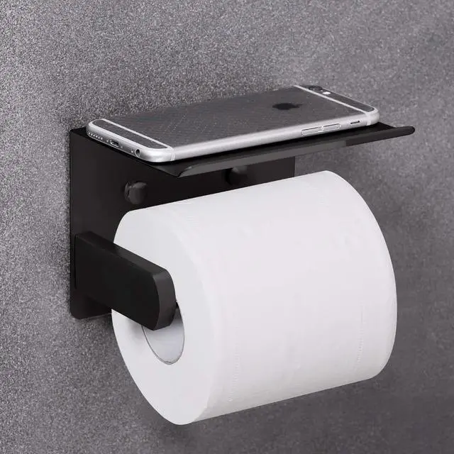 Alt view image 10 of 14 - Self Adhesive Toilet Paper Holder with Phone Shelf Stainless Steel Wall Mounted Toilet Paper Roll Holder - Rustproof and Bathroom Washroom Tissue Roll Holder with Shelf - Black