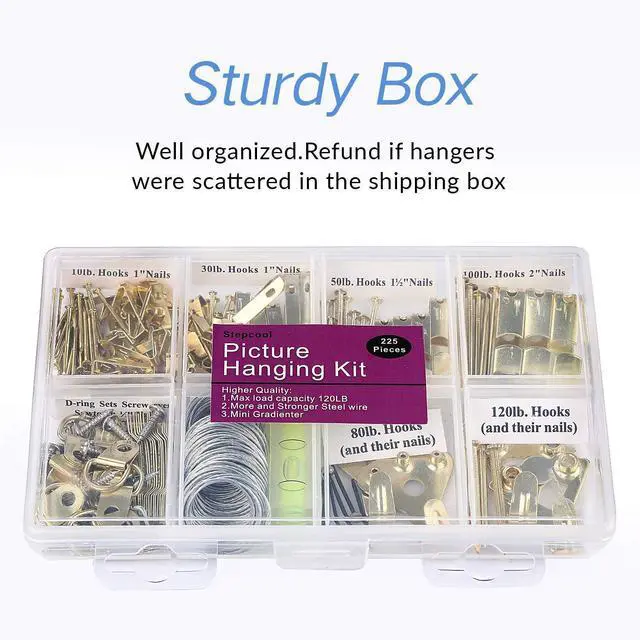 Alt view image 13 of 14 - Picture Hangers, Picture Hanging Kit, 225pcs Heavy Duty Frame Hooks Hardware with Nails, Hanging Wire, Screw Eyes, D Ring and Sawtooth for Wall Mounting