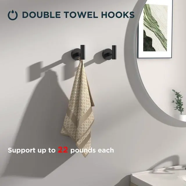 Alt view image 11 of 14 - Bathroom Accessories Set, 4-Piece Bathroom Hardware Set | Matte Black | SUS304 Stainless Steel Towel Ring, 2 Towel Hooks, and Toilet Paper Holder Wall Mounted | Double Post Pivoting