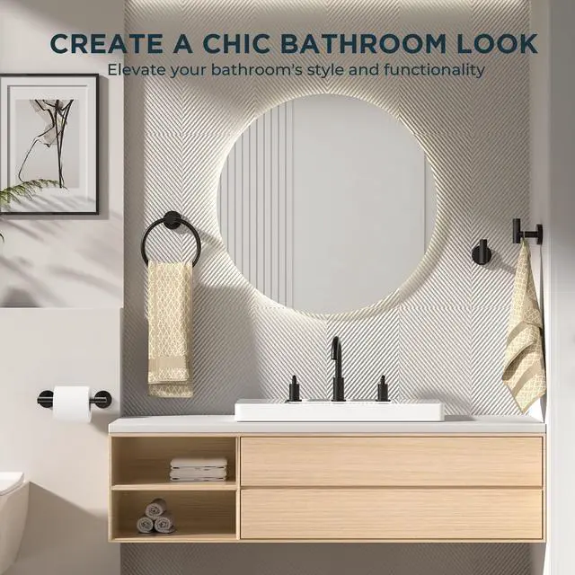 Alt view image 13 of 14 - Bathroom Accessories Set, 4-Piece Bathroom Hardware Set | Matte Black | SUS304 Stainless Steel Towel Ring, 2 Towel Hooks, and Toilet Paper Holder Wall Mounted | Double Post Pivoting
