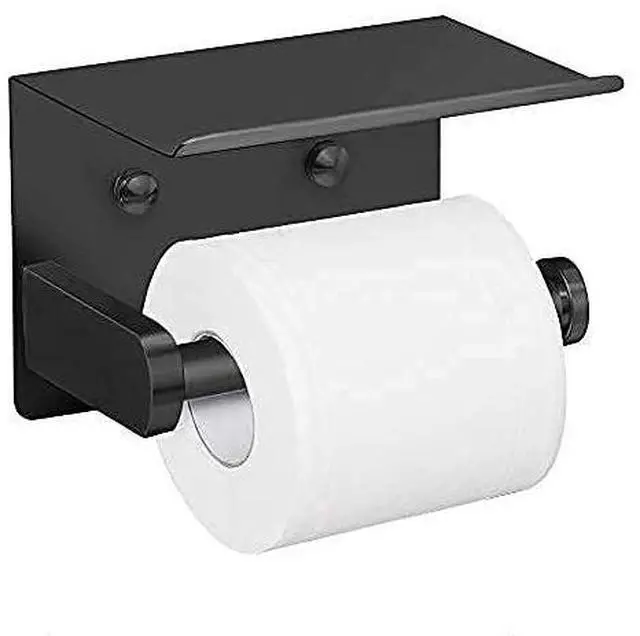 Alt view image 14 of 14 - Self Adhesive Toilet Paper Holder with Phone Shelf Stainless Steel Wall Mounted Toilet Paper Roll Holder - Rustproof and Bathroom Washroom Tissue Roll Holder with Shelf - Black