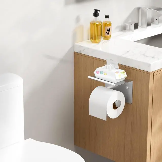 Alt view image 9 of 14 - Toilet Paper Holder with Shelf, Adhesive or Screw, Commercial | Brushed Nickel | Wall Mount Bathroom Tissue Holder | SUS304 Stainless Steel Rustproof | Bathroom Tissue Roll Holder