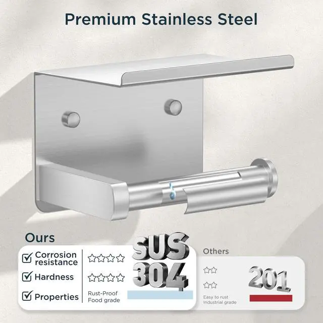 Alt view image 12 of 14 - Toilet Paper Holder with Shelf, Adhesive or Screw, Commercial | Brushed Nickel | Wall Mount Bathroom Tissue Holder | SUS304 Stainless Steel Rustproof | Bathroom Tissue Roll Holder