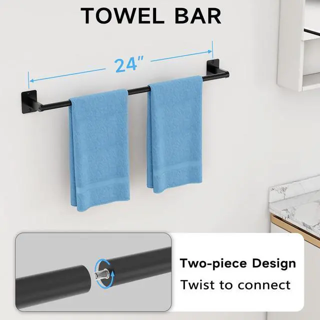 Alt view image 9 of 14 - Black Bathroom Accessories Set, 4-Piece Bathroom Hardware Set | 24 inch Towel Bar, Towel Racks for Bathroom, Robe Towel Hooks, Toilet Paper Holder Wall Mounted