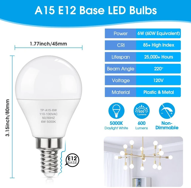 Alt view image 9 of 14 - E12 LED 60W Equivalent Daylight White 5000K Ceiling Fan Bulbs, 600LM CRI 85+ Candelabra Bulbs Small Base, 6W Non-Dimmable, Pack of 6