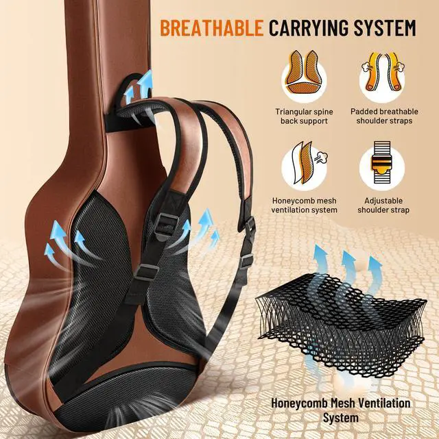Alt view image 10 of 14 - Guitar Case Acoustic Bag - 0.8in Thick Padding Guitar Gig Bag Waterproof PU Design for Easy Cleaning Fits 40 41 42in Acoustic Guitars Travel Acoustic Case with Adjustable Shoulder Straps