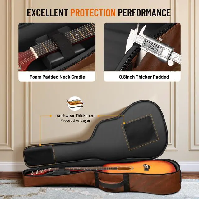 Alt view image 11 of 14 - Guitar Case Acoustic Bag - 0.8in Thick Padding Guitar Gig Bag Waterproof PU Design for Easy Cleaning Fits 40 41 42in Acoustic Guitars Travel Acoustic Case with Adjustable Shoulder Straps
