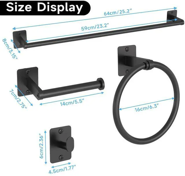 Alt view image 14 of 14 - Black Bathroom Accessories Set, 4-Piece Bathroom Hardware Set | 24 inch Towel Bar, Towel Racks for Bathroom, Robe Towel Hooks, Toilet Paper Holder Wall Mounted