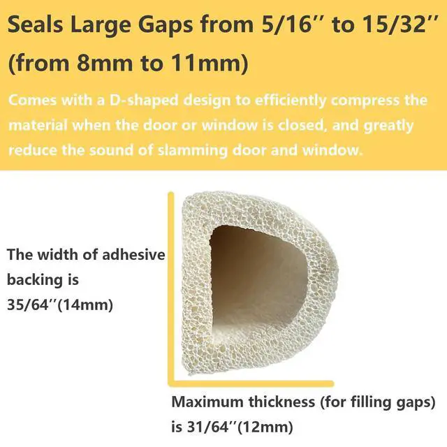 Alt view image 9 of 12 - Weather Stripping Seal Strip for Doors Windows 18 Feet, Self-Adhesive Backing Seals Large Gap (from 5/16 inch to 15/32 inch), Easy Cut to Size