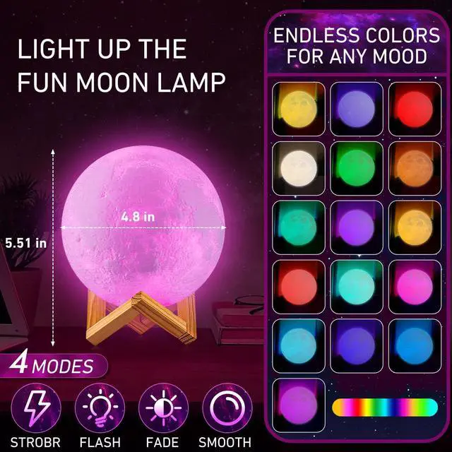Alt view image 11 of 14 - Moon Lamp, 16 Colors LED Night Light with Remote/Touch, Timer/Dimming 4.8in | 3D Printed Moon Light with Stand, 4 Modes, Kids Night Light for Bedroom Decor, Gifts for Kid Friend for Birthday Christmas