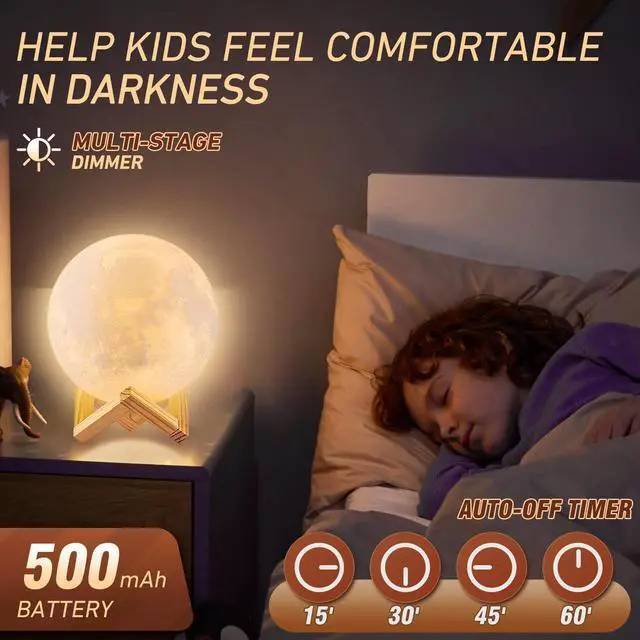 Alt view image 10 of 14 - Moon Lamp, 16 Colors LED Night Light with Remote/Touch, Timer/Dimming 4.8in | 3D Printed Moon Light with Stand, 4 Modes, Kids Night Light for Bedroom Decor, Gifts for Kid Friend for Birthday Christmas