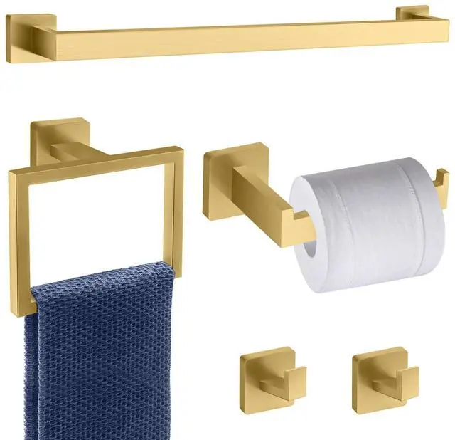 Alt view image 7 of 12 - 5 Piece Gold Towel Bar Set Bathroom Hardware Set Gold Bathroom Accessories Set with 2 Towel Hook, Stainless Steel Wall Mounted Bathroom Towel Rack Set Square 16-Inch