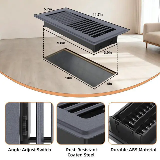 Alt view image 8 of 12 - Floor Register 4 x 10-8 Pack Gray Floor Vents, Heavy-Duty Steel Adjustable Airflow Floor Vent Covers, Rust-Resistant Vent Cover are Suitable for Living Room, Bedroom and Bathroom