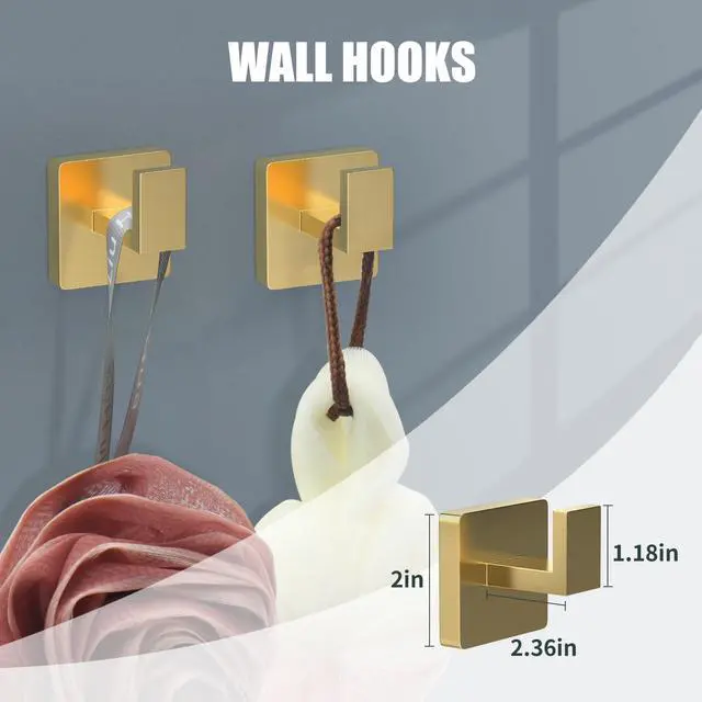 Alt view image 11 of 12 - 5 Piece Gold Towel Bar Set Bathroom Hardware Set Gold Bathroom Accessories Set with 2 Towel Hook, Stainless Steel Wall Mounted Bathroom Towel Rack Set Square 16-Inch