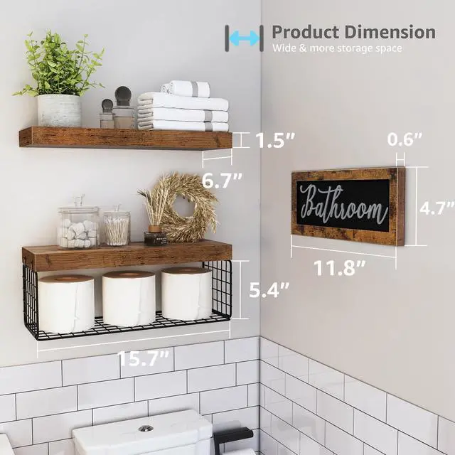 Alt view image 10 of 14 - Bathroom Shelves Over Toilet - Paper Storage Wall Mounted Farmhouse Decor Decorations Aesthetic Décor Sign Small Floating Shelf 2+1 Set 16 inch, Rustic Brown (020BN)
