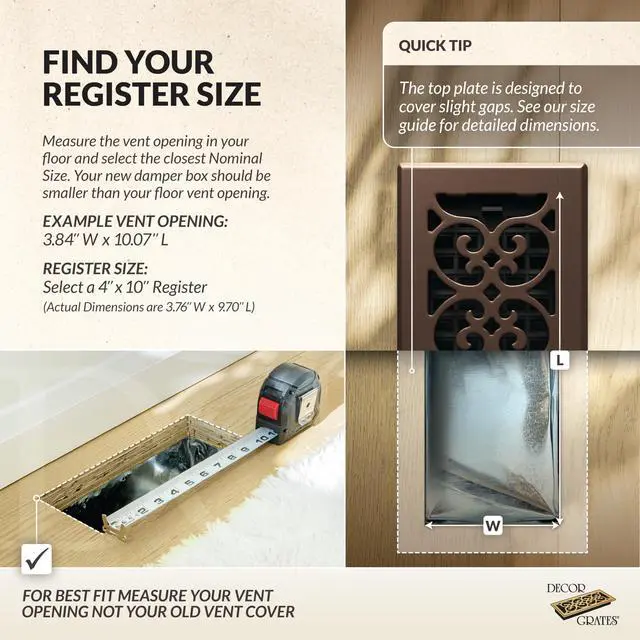 Alt view image 10 of 14 - Metal Scroll Decorative Air Vent Cover 4x10 Floor Register Adjustable Control Lever AC Floor Vent Covers for Home Floor Vents Fits 4 x 10 Inch Opening Rubbed Bronze (SPH410-RB)