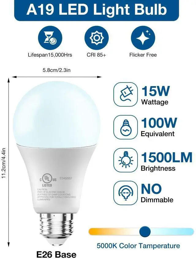 Alt view image 9 of 14 - LED Light Bulbs, A19 5000K Daylight Light Bulbs 100 Watt Equivalent, 1500LM Bright White Light Bulbs, E26 Standard Base, Non-Dimmable, 15 Watt Lightbulbs for Home Office, 12 Pack
