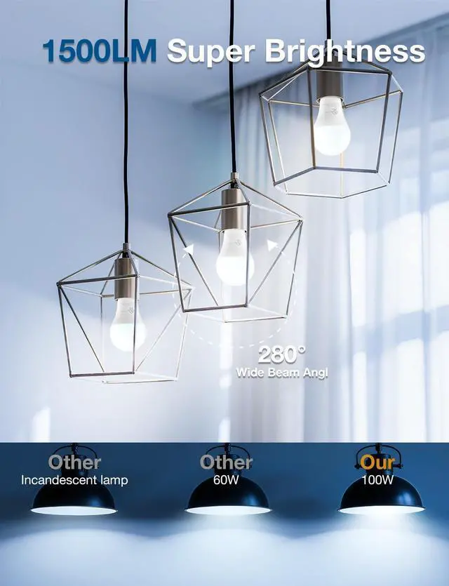 Alt view image 11 of 14 - LED Light Bulbs, A19 5000K Daylight Light Bulbs 100 Watt Equivalent, 1500LM Bright White Light Bulbs, E26 Standard Base, Non-Dimmable, 15 Watt Lightbulbs for Home Office, 12 Pack