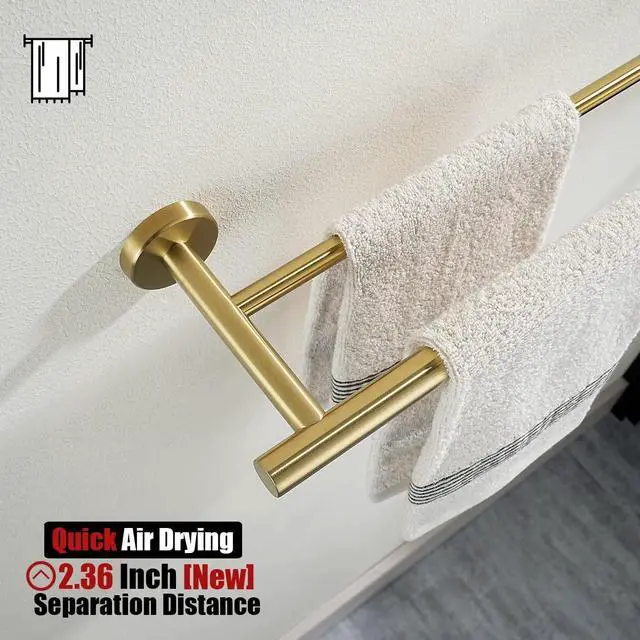 Alt view image 13 of 14 - Double Towel Bar 27 Inch, Brass Gold Useable Length 24 Inch 304 Stainless Steel Thicken 0.8mm Bath Towel Rack for Bathroom, Towel Holder Wall Mount, TB100L24-BG