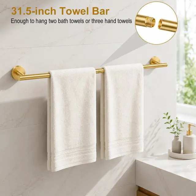 Alt view image 10 of 14 - Brushed Gold Bathroom Accessories Set, 7 Pieces Gold Towel Bar Bathroom Hardware Set, 31.5 Inch Towel Racks for Bathroom, SUS304 Stainless Steel Bathroom Towel Holder Toilet Paper Holder Wall Mounted