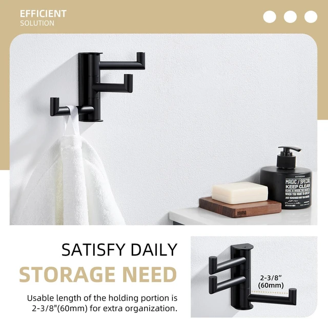 Alt view image 12 of 14 - Swivel Towel Hook 3 Arms, Robe Coat Wall Hook, Matte Black | SUS304 Stainless Steel, Foldable Hand Bath Towel Holder for Bathroom Kitchen Closet, Sturdy Space Saver, Screws Mounted