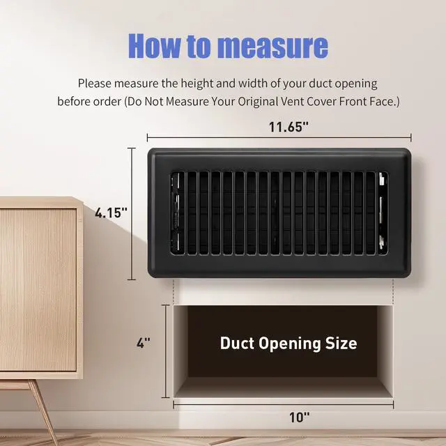 Alt view image 10 of 14 - Floor Register 4x10, Floor Vent Covers for Home Floor, Sidewall, Heavy Duty Steel Walkable Floor Grates, Adjustable Air Vent Covers Rust Proof Finish, 4" x 10'' Floor Vent, 6 Pack, Black