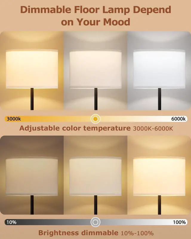 Alt view image 11 of 14 - Dimmable Floor Lamp with Remote, 9W 900LM LED Bulb Included | White Shade Black Pole, Lamps for Living Room Bedroom