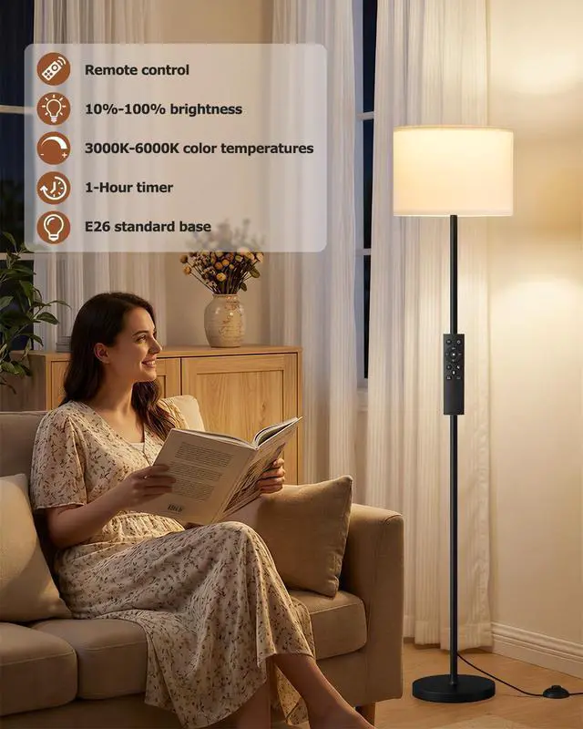 Alt view image 10 of 14 - Dimmable Floor Lamp with Remote, 9W 900LM LED Bulb Included | White Shade Black Pole, Lamps for Living Room Bedroom