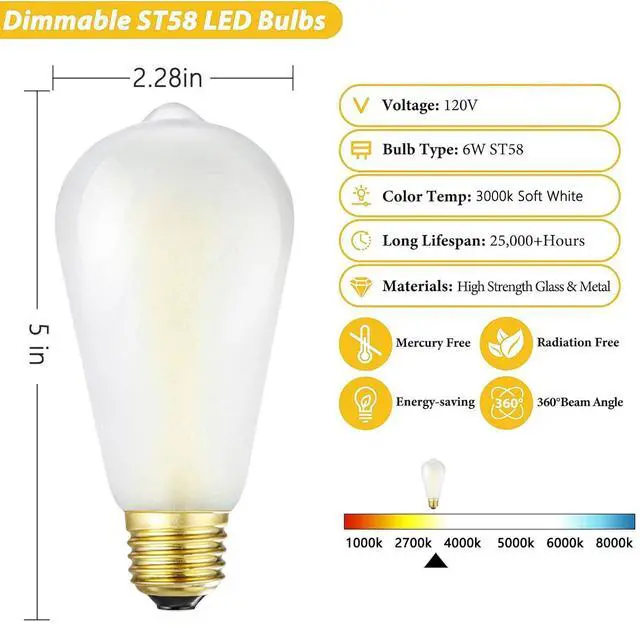 Alt view image 9 of 14 - E26 Frosted Edison LED Bulbs 60W Dimmable 3000K Vintage Light Bulbs | Soft White 6W Equal 60W Frosted LED Bulbs,600LM,AC120V, ST58 Dimmable Antique LED Filament Bulbs with 90+ CRI, 6Pack
