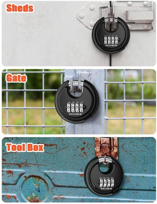 Alt view image 14 of 14 - 4-Digit Disc Combination Lock Outdoor - Heavy Duty Combination Padlocks with Hardened Steel Shackle Weatherproof Combo Locks for Gates,Sheds,Fence,Storage Unit (3/8" Shackle, Black,2 Pcs)