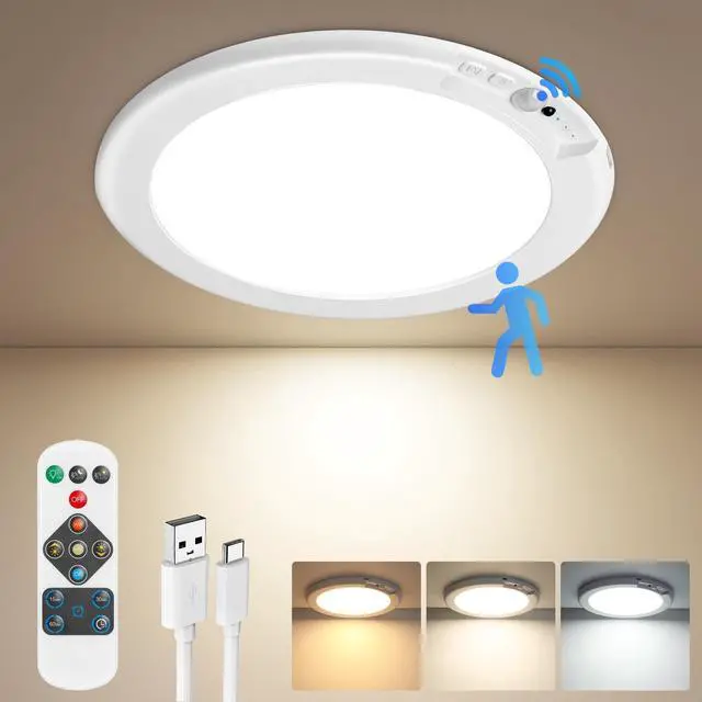Alt view image 8 of 14 - Rechargeable Motion Sensor Ceiling Light, Battery Operated Closet Light | Wireless Battery Powered LED Shower Light, Magnetic Cordless Ceiling Light with Remote, Overhead Lamp for Pantry Shed Hallway
