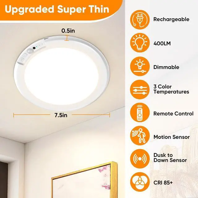 Alt view image 9 of 14 - Rechargeable Motion Sensor Ceiling Light, Battery Operated Closet Light | Wireless Battery Powered LED Shower Light, Magnetic Cordless Ceiling Light with Remote, Overhead Lamp for Pantry Shed Hallway