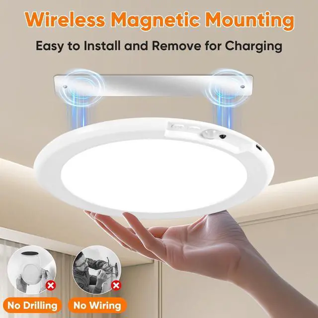 Alt view image 10 of 14 - Rechargeable Motion Sensor Ceiling Light, Battery Operated Closet Light | Wireless Battery Powered LED Shower Light, Magnetic Cordless Ceiling Light with Remote, Overhead Lamp for Pantry Shed Hallway