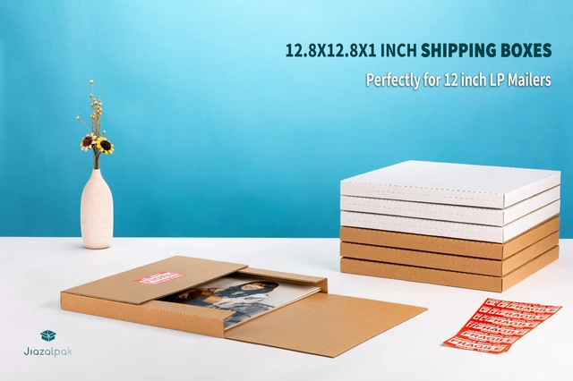 Alt view image 10 of 14 - 12-inch Vinyl Record Shipping Boxes, 12.8x12.8x1 inch, 50-Pack | LP Mailers, Corrugated Cardboard Box, Multi-Depth, Easy-Fold, with Fragile Stickers, Brown