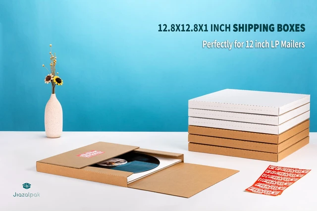 Alt view image 9 of 14 - 12-inch Vinyl Record Shipping Boxes, 12.8x12.8x1 inch, 50-Pack | LP Mailers, Corrugated Cardboard Box, Multi-Depth, Easy-Fold, with Fragile Stickers, Brown