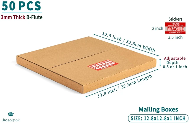 Alt view image 11 of 14 - 12-inch Vinyl Record Shipping Boxes, 12.8x12.8x1 inch, 50-Pack | LP Mailers, Corrugated Cardboard Box, Multi-Depth, Easy-Fold, with Fragile Stickers, Brown