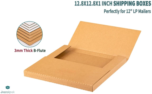 Alt view image 14 of 14 - 12-inch Vinyl Record Shipping Boxes, 12.8x12.8x1 inch, 50-Pack | LP Mailers, Corrugated Cardboard Box, Multi-Depth, Easy-Fold, with Fragile Stickers, Brown