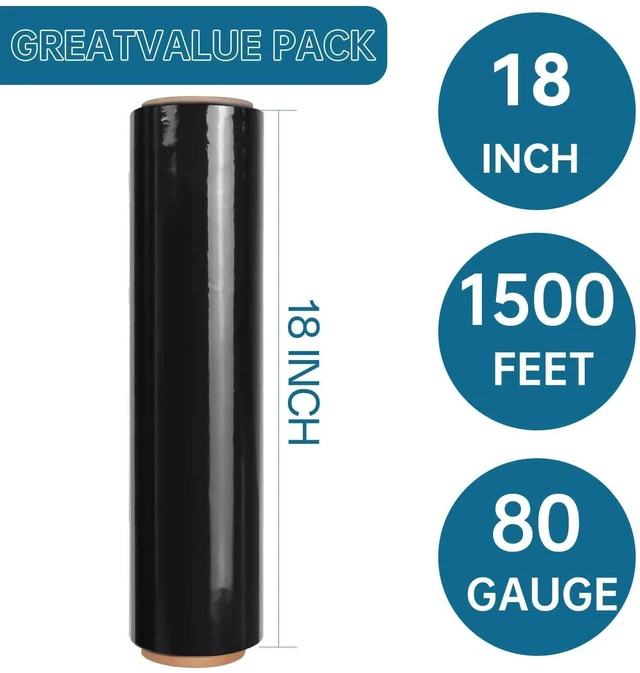 Alt view image 9 of 14 - Black Plastic Shrink Wrap Roll 18 Inch 1500 Feet, Stretch Wrap 4 Pack | 80 Gauge,800% Industrial Stretch, Black Stretch Film Self-Adhesive Cling, Plastic Wrap for Furniture Wrapping Shipping Moving