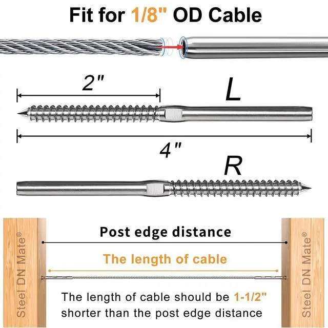 Alt view image 13 of 14 - Cable Railing Hardware 1/8" T316 Swage Lag Screws for Wood Post 100Pack | Marine Grade T316 Stainless Steel, Right & Left Hand Thread for Stair/Deck Cable Railing Kits with Wrench, DM50