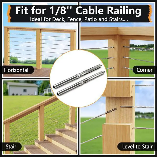 Alt view image 11 of 14 - Cable Railing Hardware 1/8" T316 Swage Lag Screws for Wood Post 100Pack | Marine Grade T316 Stainless Steel, Right & Left Hand Thread for Stair/Deck Cable Railing Kits with Wrench, DM50