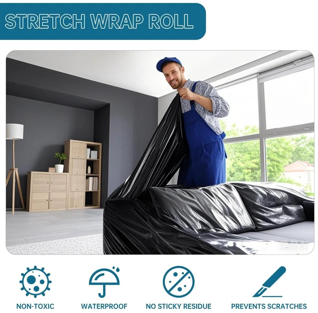 Alt view image 14 of 14 - Black Plastic Shrink Wrap Roll 18 Inch 1500 Feet, Stretch Wrap 4 Pack | 80 Gauge,800% Industrial Stretch, Black Stretch Film Self-Adhesive Cling, Plastic Wrap for Furniture Wrapping Shipping Moving