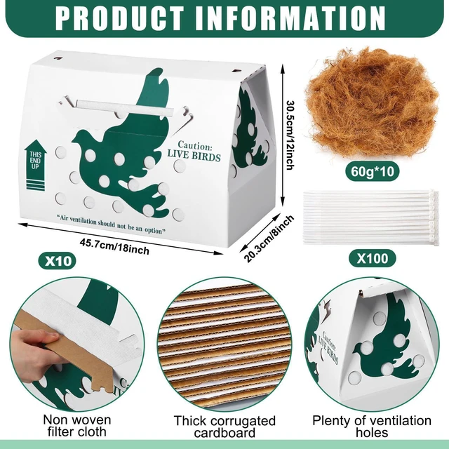 Alt view image 8 of 12 - 10 Pack Live Chicken Shipping Boxes 17.5x7.75x12 Inch Live Bird Shipping Boxes with Coconut Fiber Padding Corrugated Cardboard Pet Carrier for Poultry Pigeons Canaries (Green)